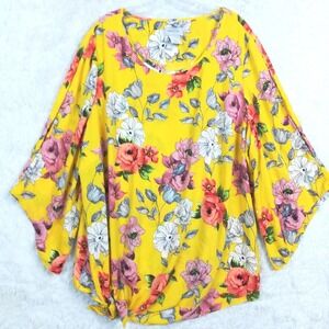 Regalia‎ Womens Top Blouse Yellow Floral Tie Front Split Half Sleeve Plus 2X
